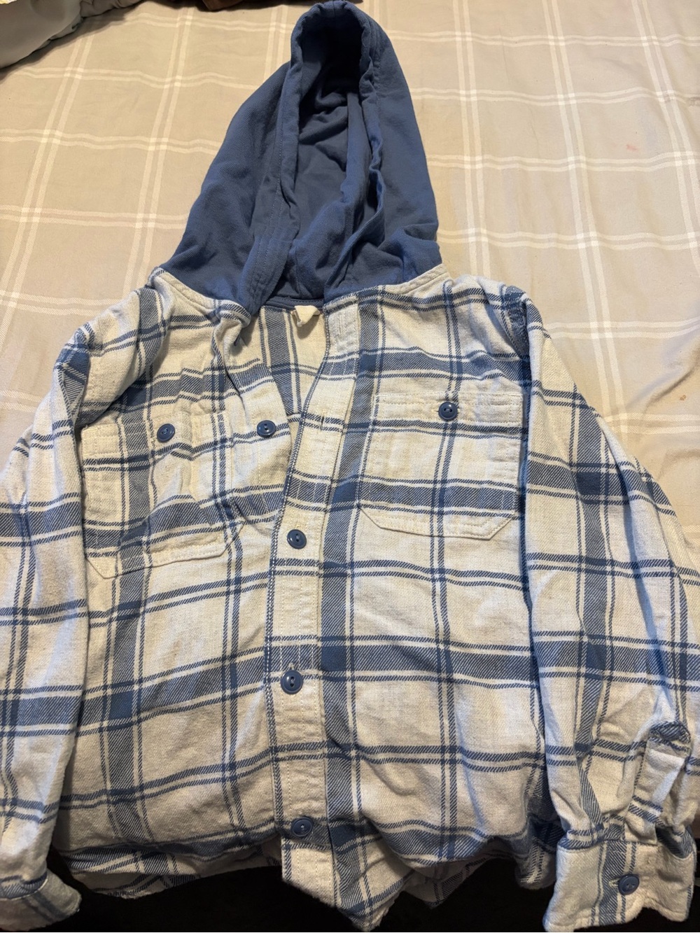 GAP Blue and White Plaid Hooded Button-Down Shirt